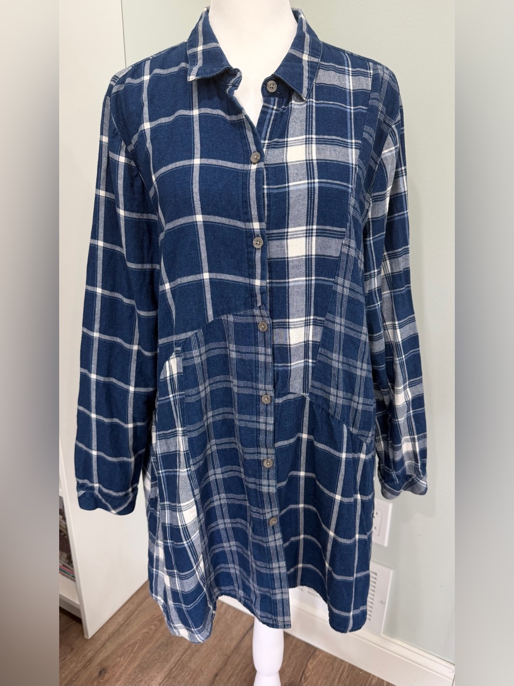 J. Jill Blue Plaid Tunic Shirt Dress 100% Cotton Button Front Flowy Boho Large